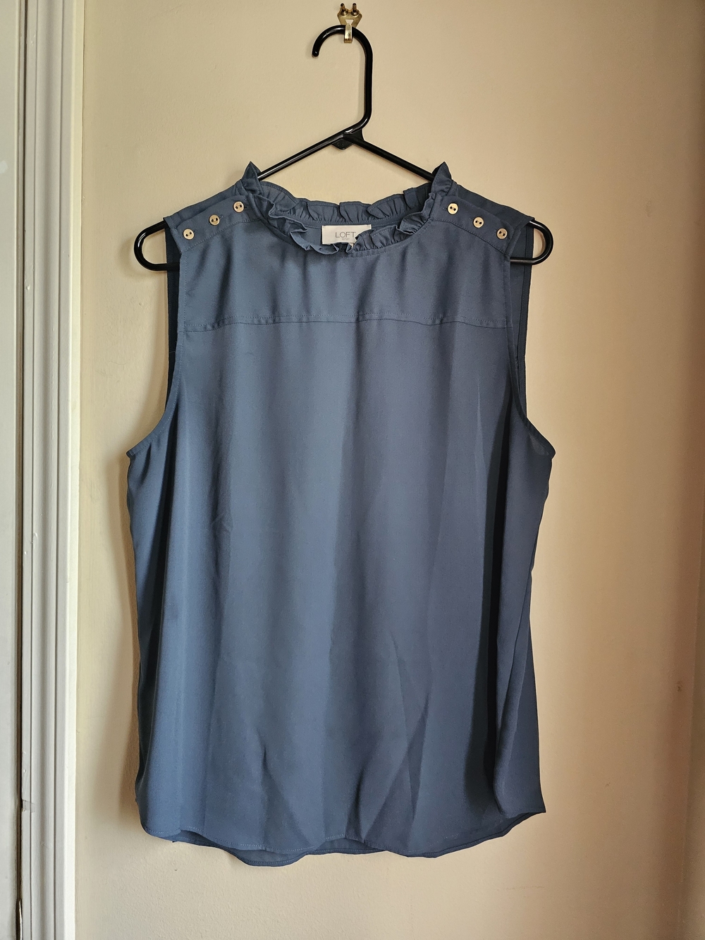 LOFT Slate Blue Ruffle Neck Sleeveless Blouse